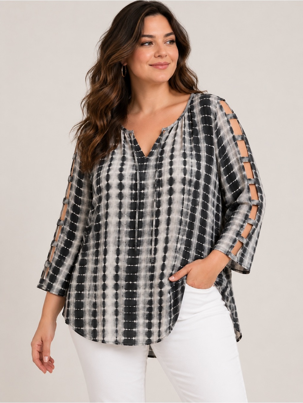 Fred David Tie Dye Ladder Sleeve Blouse 1X Gray Lightweight Flowy Top